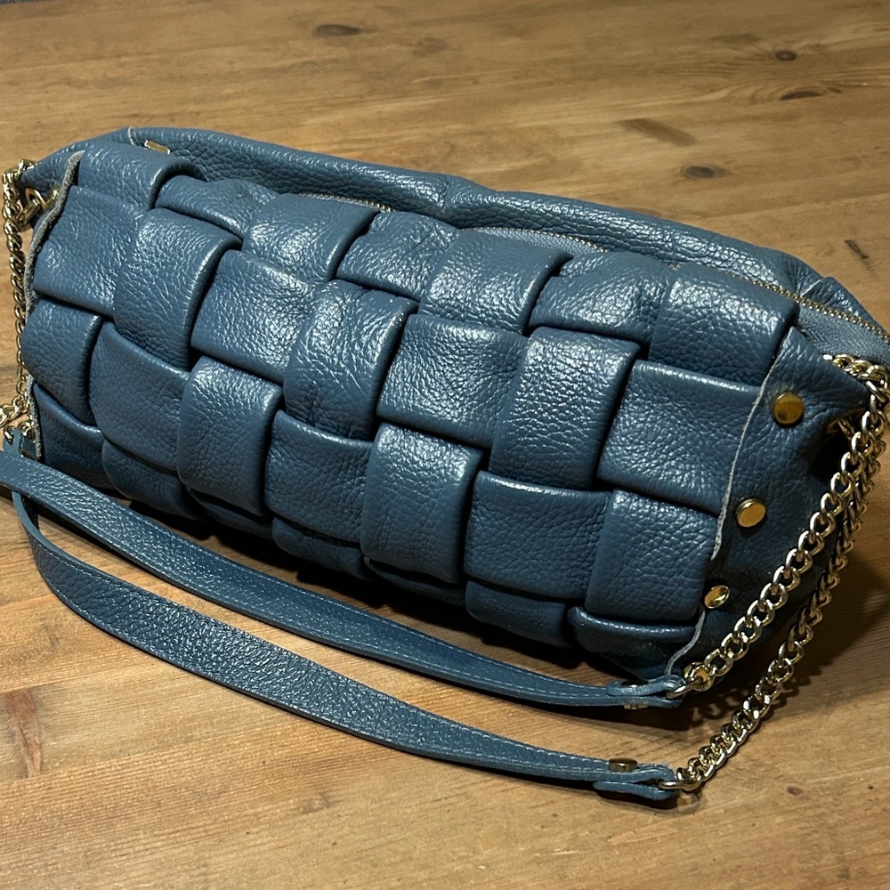 Woven Leather Shoulder Bag in Slate Blue